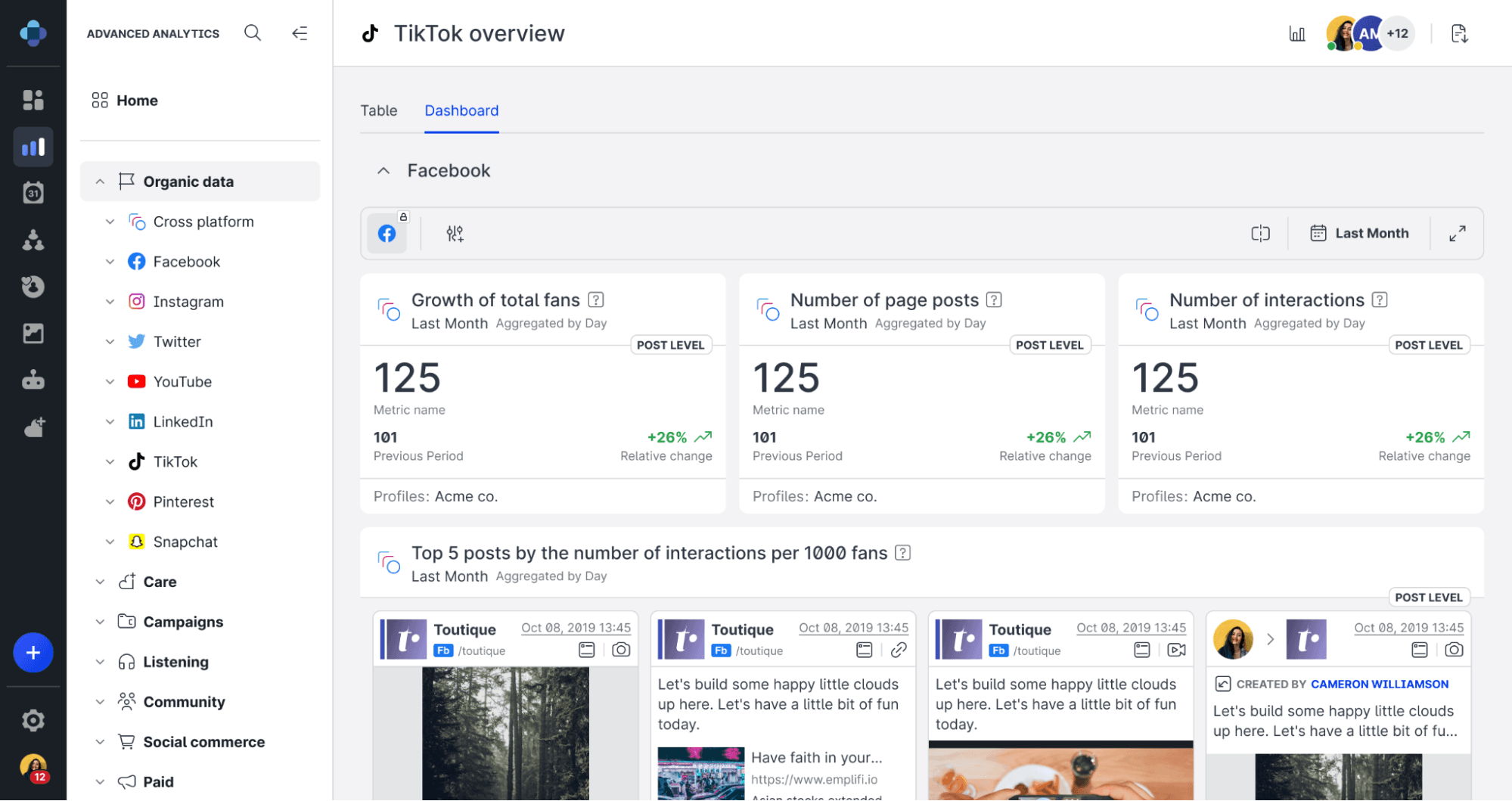 Screenshot of social media management engagement report for TikTok in Emplifi social commerce